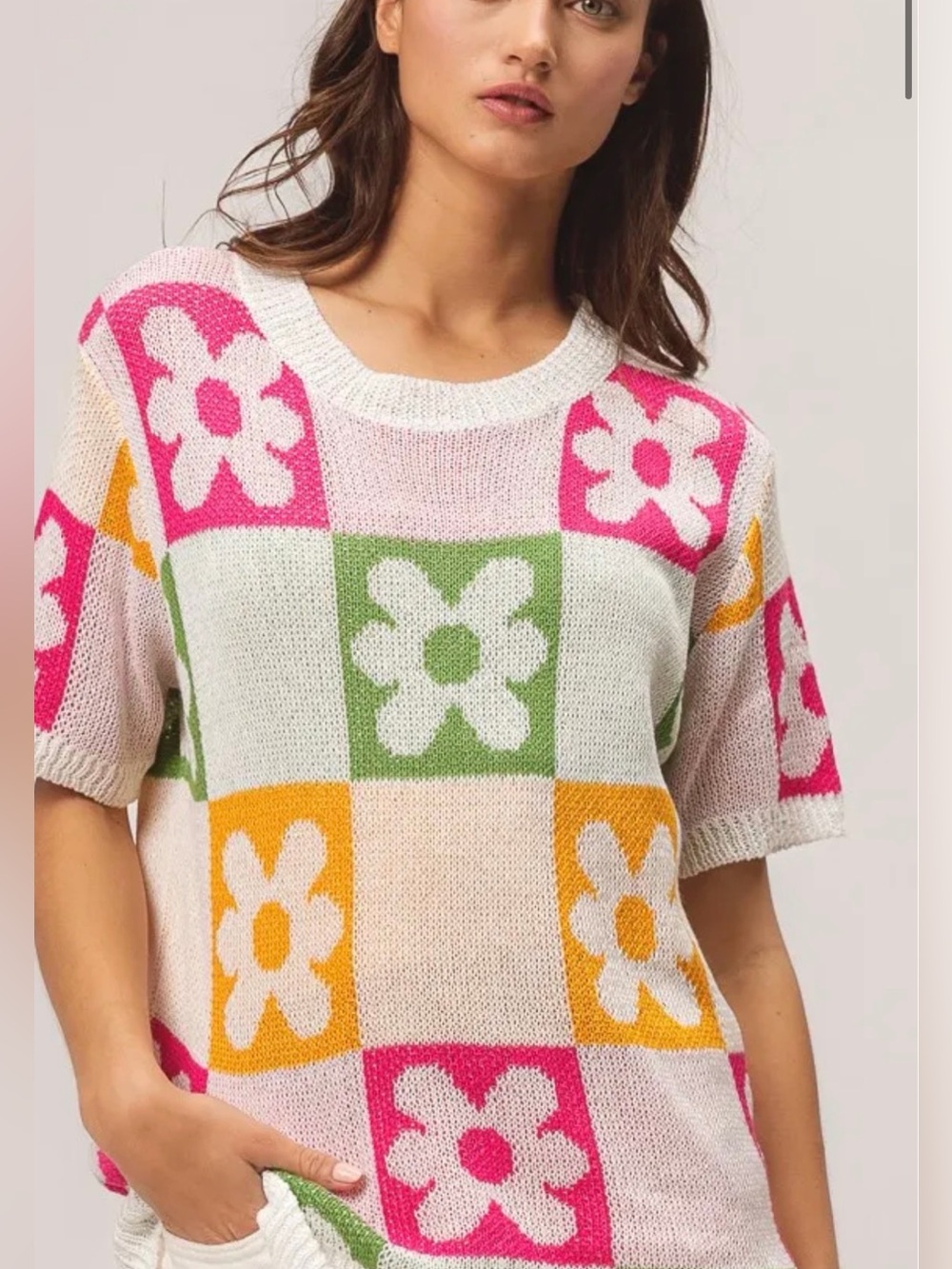 Bibi floral block retro style short sleeve sweater - LARGE-NWT